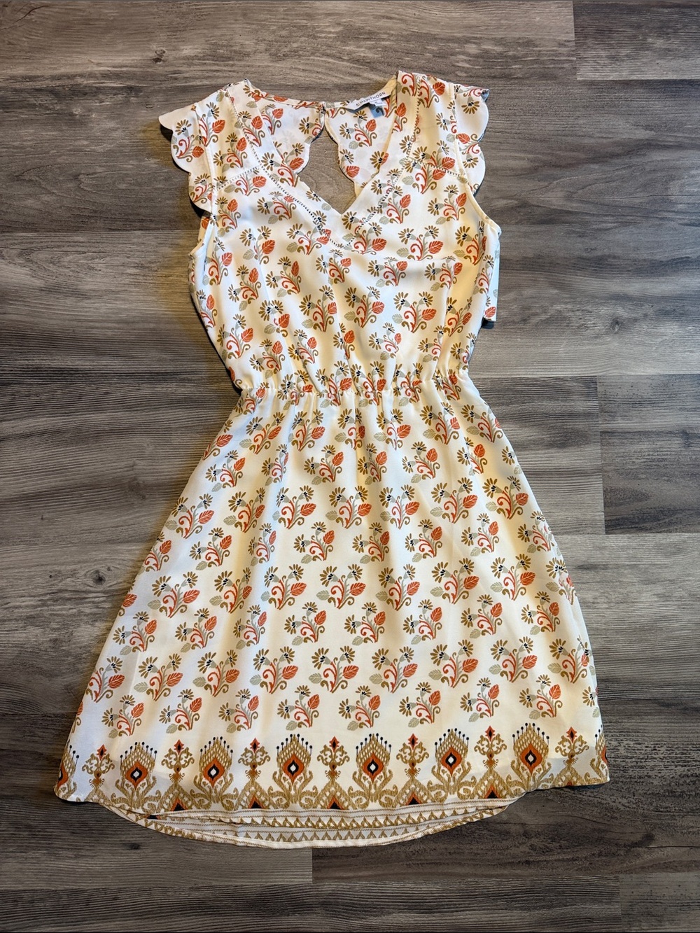 41 Hawthorn Cream Floral High-Low Dress with Orange & Tan Accents
